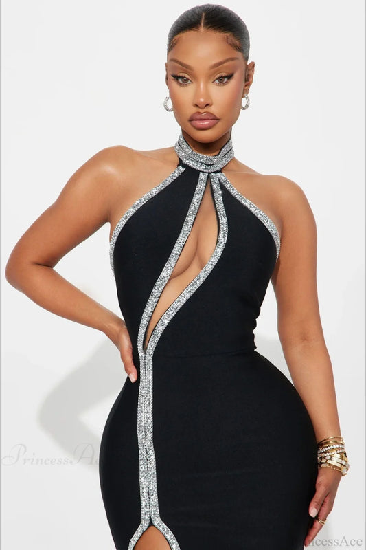 Elegant Halter Sleeveless High Waist Slit Wedding Dress Black / S