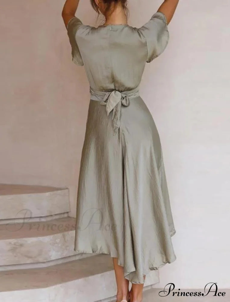 Elegant Hollow Out Office Ladies Dress With Deep V-Neck L / Green Dresses