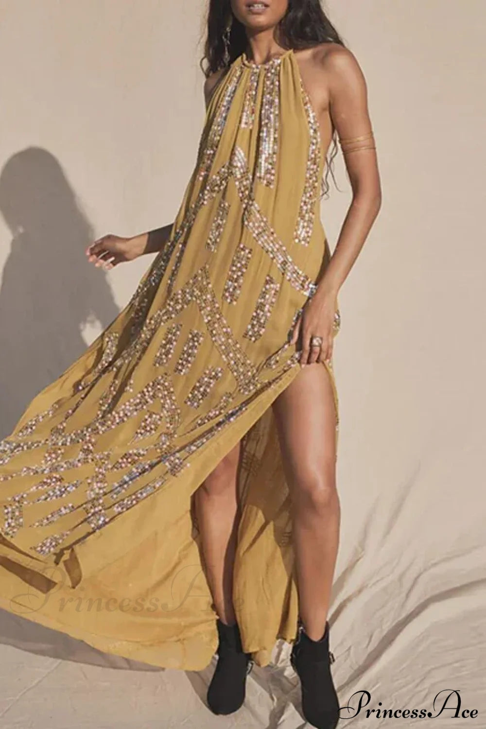 Elegant Lace Halter Backless Boho Dress Yellow / Xs