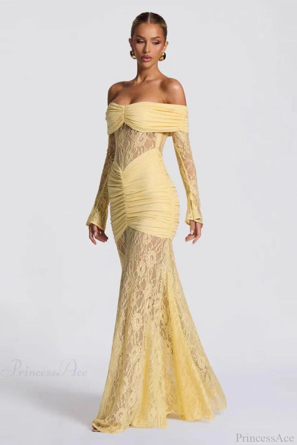 Elegant Lace Off-the-Shoulder Long Sleeve Bodycon Wedding Dress Yellow / S