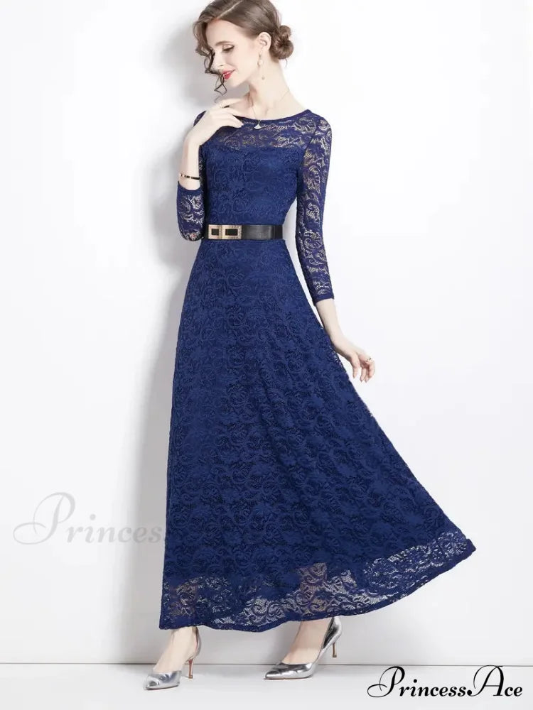Elegant Lace Party Casual Dress With 3/4 Sleeves S / Burgundy Black Long Sleeve Lace Dress
