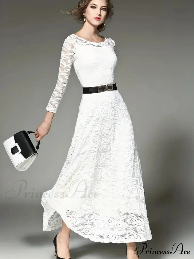 Elegant Lace Party Casual Dress With 3/4 Sleeves Xs / Blue Black Long Sleeve Lace Dress
