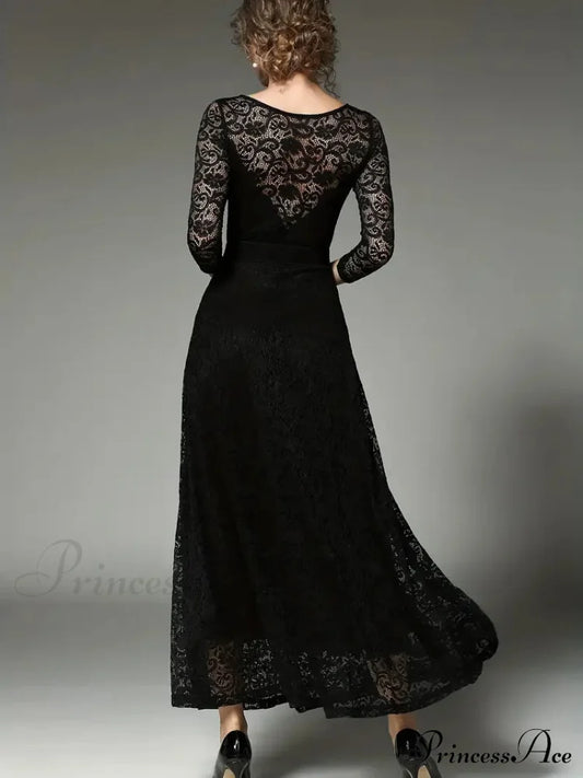 Elegant Lace Party Casual Dress With 3/4 Sleeves Xs / Burgundy Black Long Sleeve Lace Dress