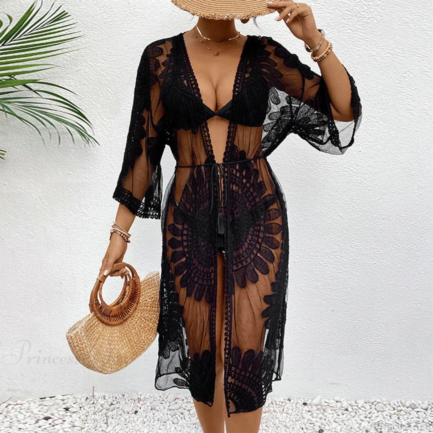 Elegant Lace-Up Beach Smock Cover Up Black / One Size