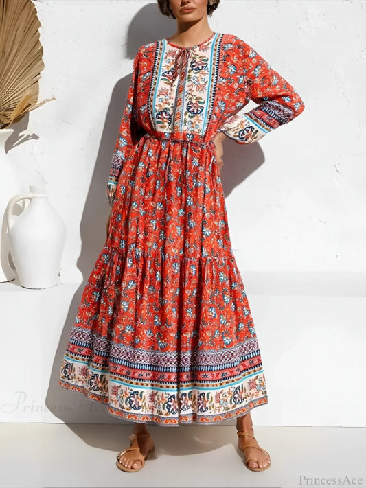 Elegant Lace-up Floral Print Boho Dress orange red / S bohodress-250126