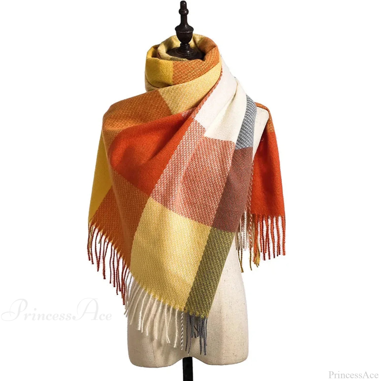 Elegant Lady Style Cashmere Tassel Luxury Scarf - Autumn Winter Striped Plaid Orange Scarfs-L