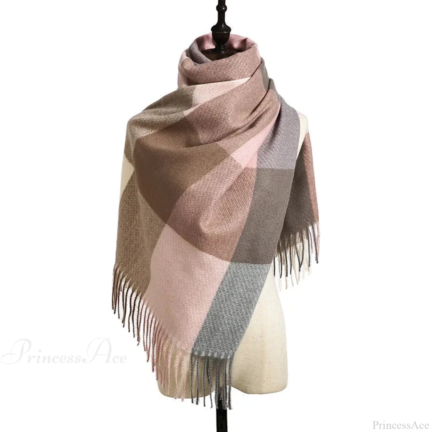 Elegant Lady Style Cashmere Tassel Luxury Scarf - Autumn Winter Striped Plaid Pink Scarfs-L