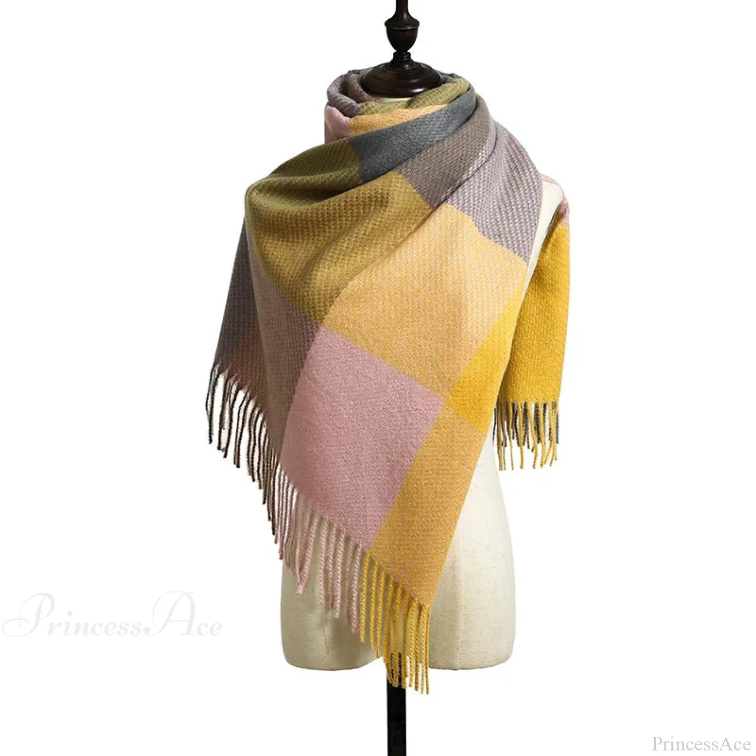 Elegant Lady Style Cashmere Tassel Luxury Scarf - Autumn Winter Striped Plaid Yellow Scarfs-L