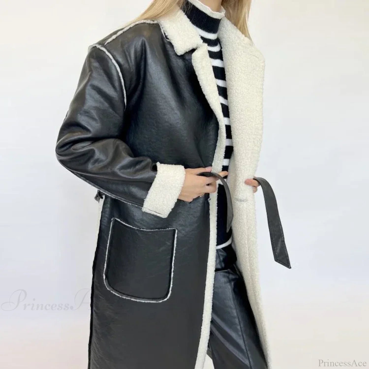 Elegant Lamb Wool PU Leather Belted Overcoat Black / S