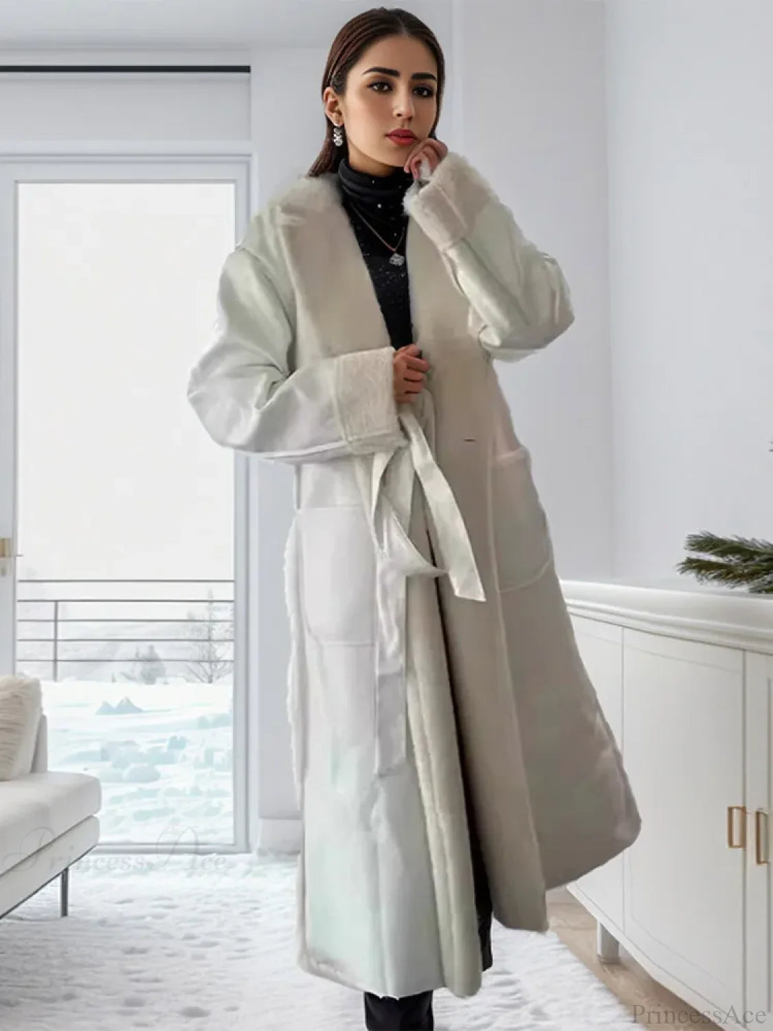 Elegant Lamb Wool PU Leather Belted Overcoat White / S