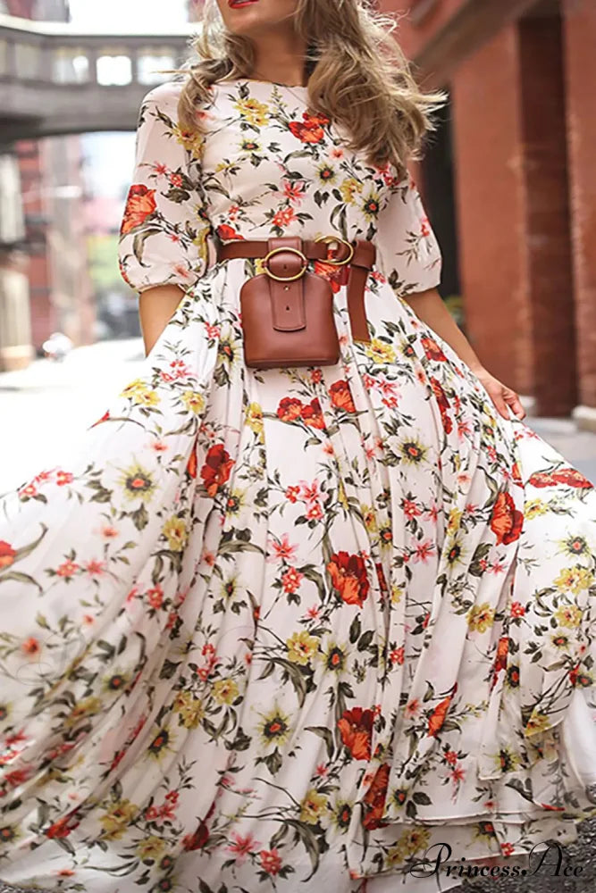 Elegant Long Sleeve Maxi Dress For Women M / Blue Blue Floral Maxi Dress