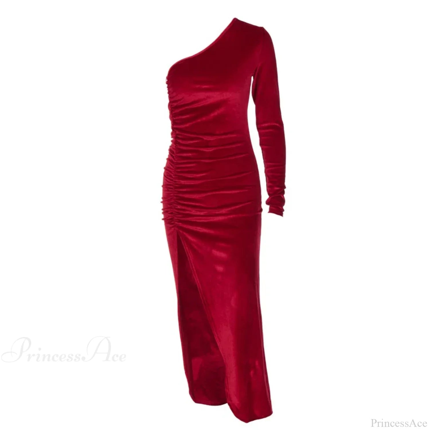 Elegant Long Sleeve Party Evening Velvet Bodycon Split Pencil Midi Christmas Dress Red / S Dresses-L