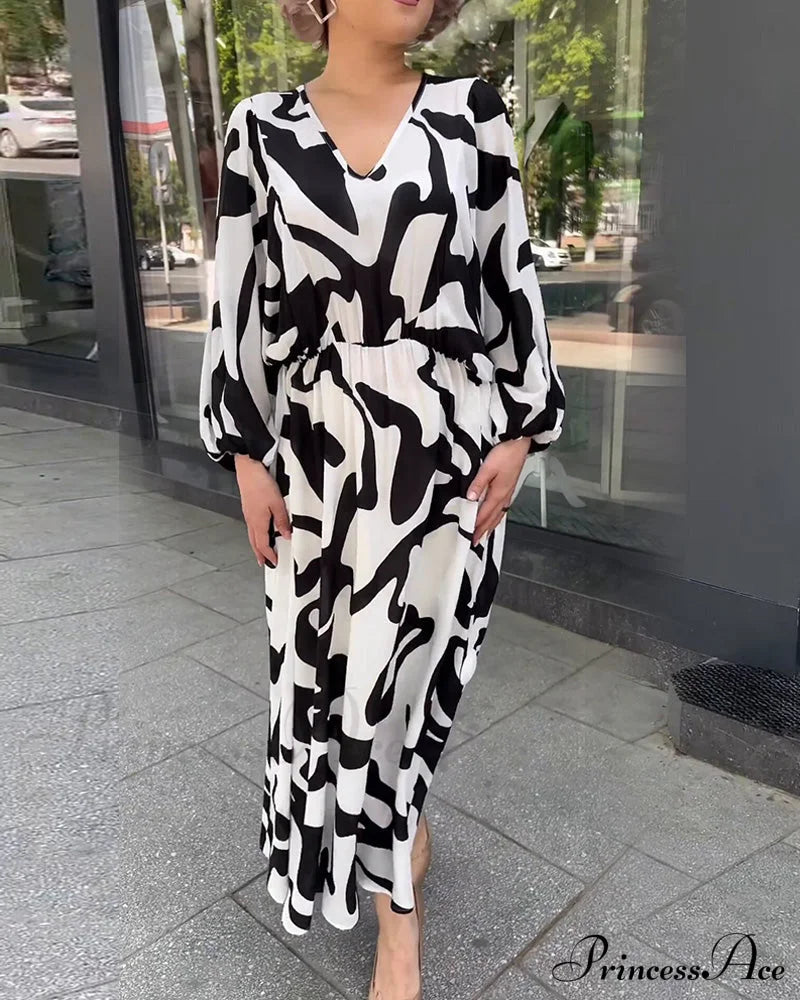 Elegant Long-Sleeved Dress With Fashion Print Casual Dresses