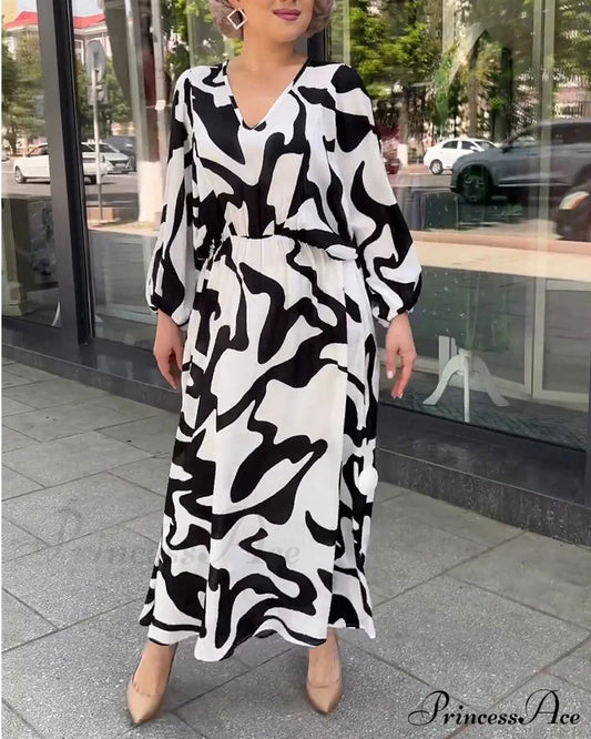 Elegant Long-Sleeved Dress With Fashion Print Casual Dresses