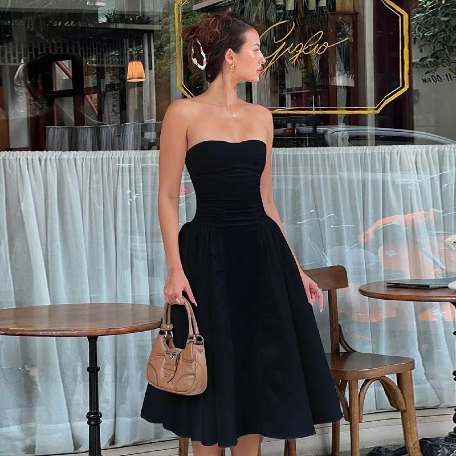 Elegant Midi Waist Wrap A-line Vacation Dress Black / S vacationdress-250223