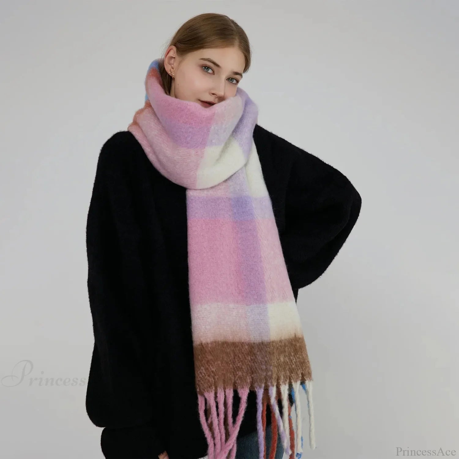 Elegant Minimalist Plaid Long Shawl Thickened Warm Scarf For Women Scarfs-L