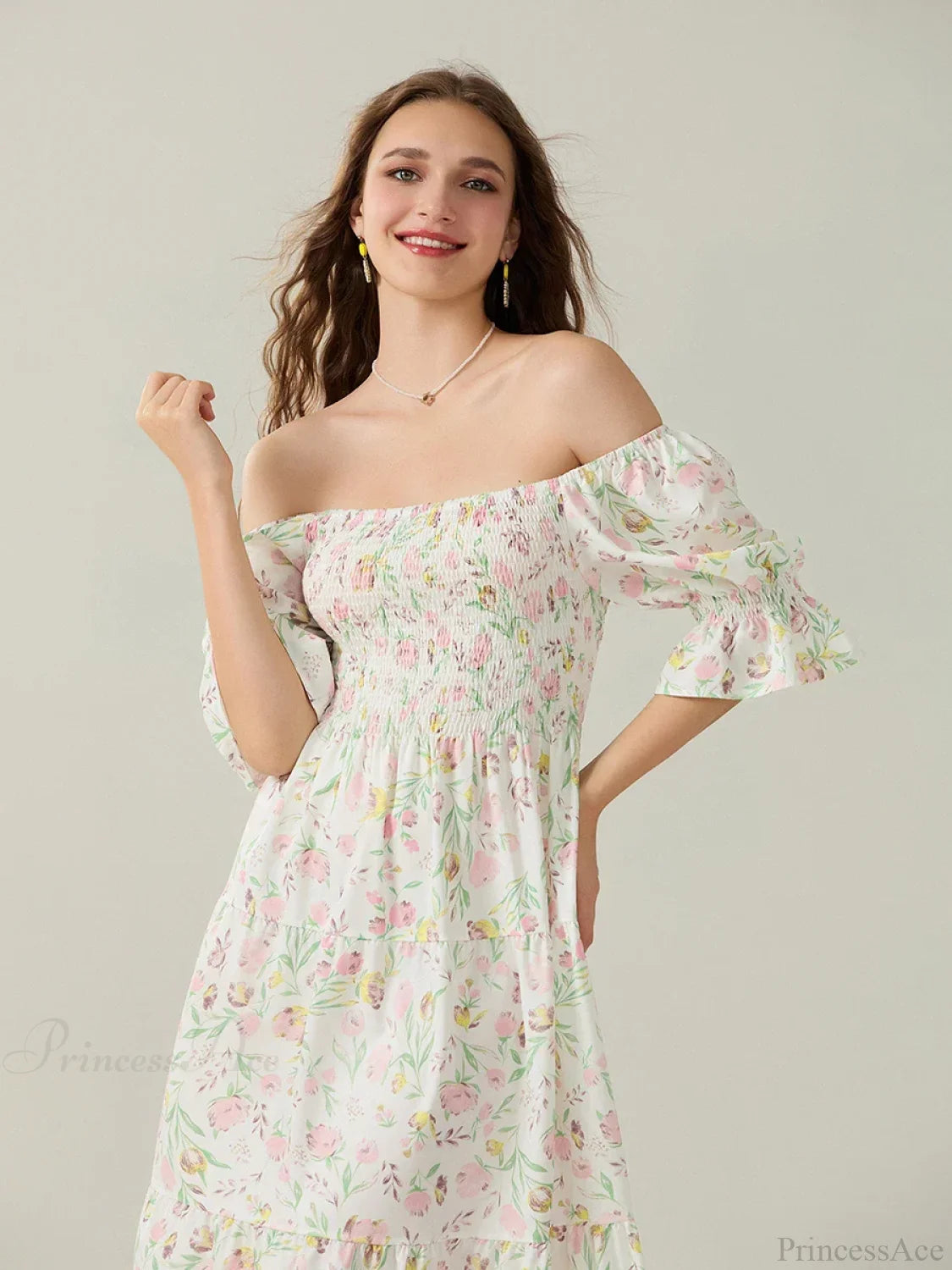 Elegant Off-Shoulder Party Half Sleeve Square Neck A-line Floral Dress floraldress-250126