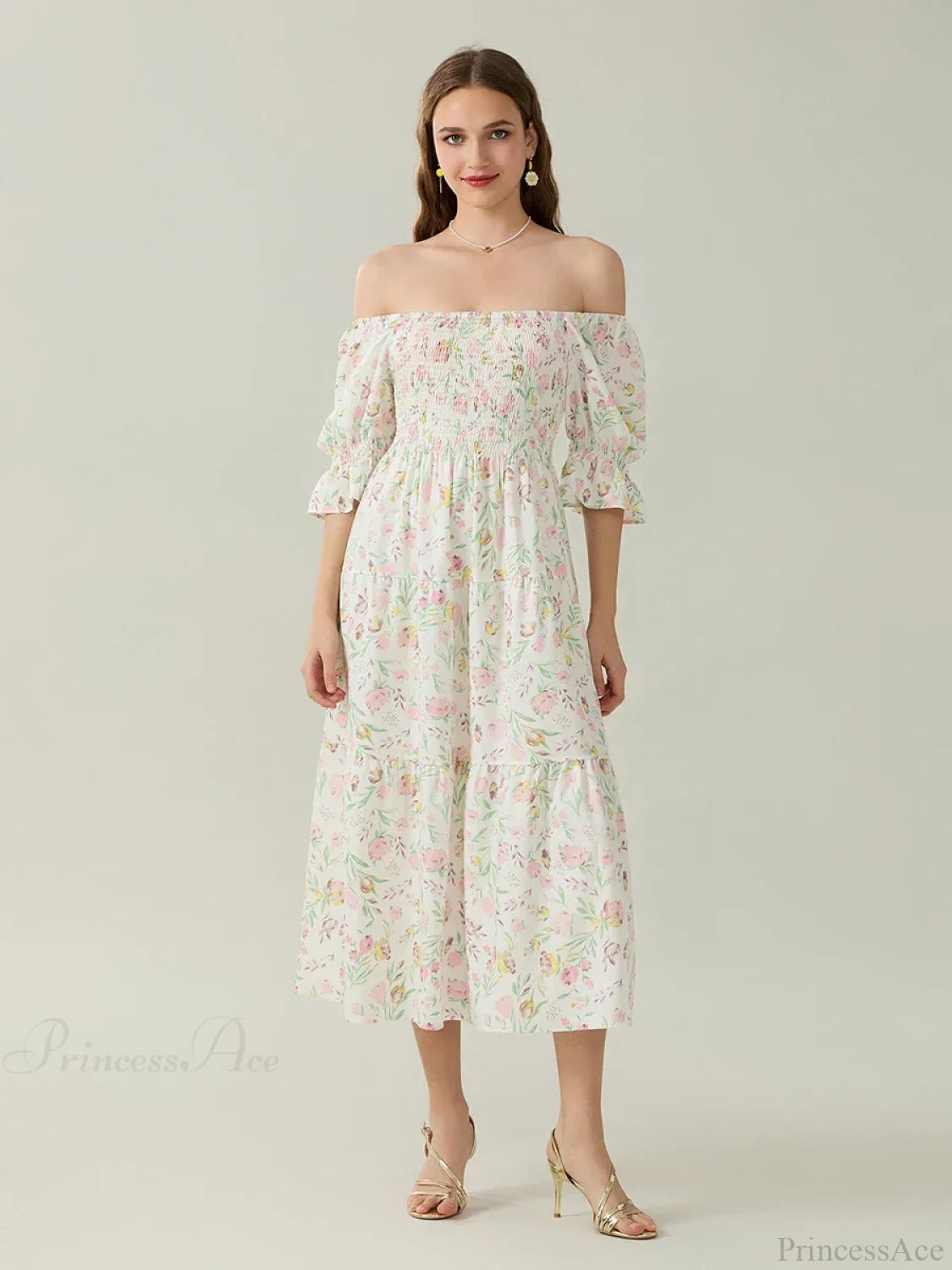 Elegant Off-Shoulder Party Half Sleeve Square Neck A-line Floral Dress floraldress-250126