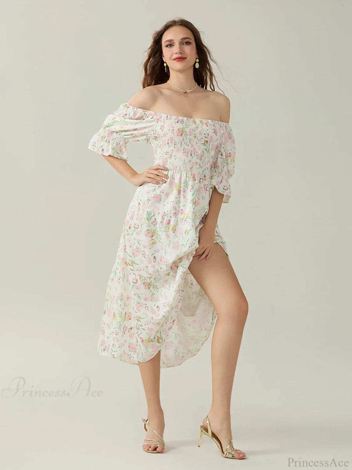 Elegant Off-Shoulder Party Half Sleeve Square Neck A-line Floral Dress WHITE / S floraldress-250126