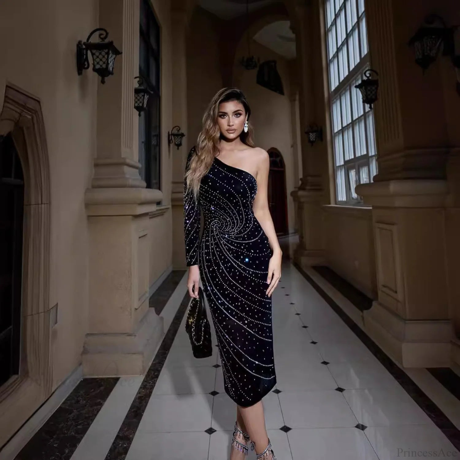 Elegant One-Shoulder Rhinestone Slimming Dress Prom Dress promdress-250223