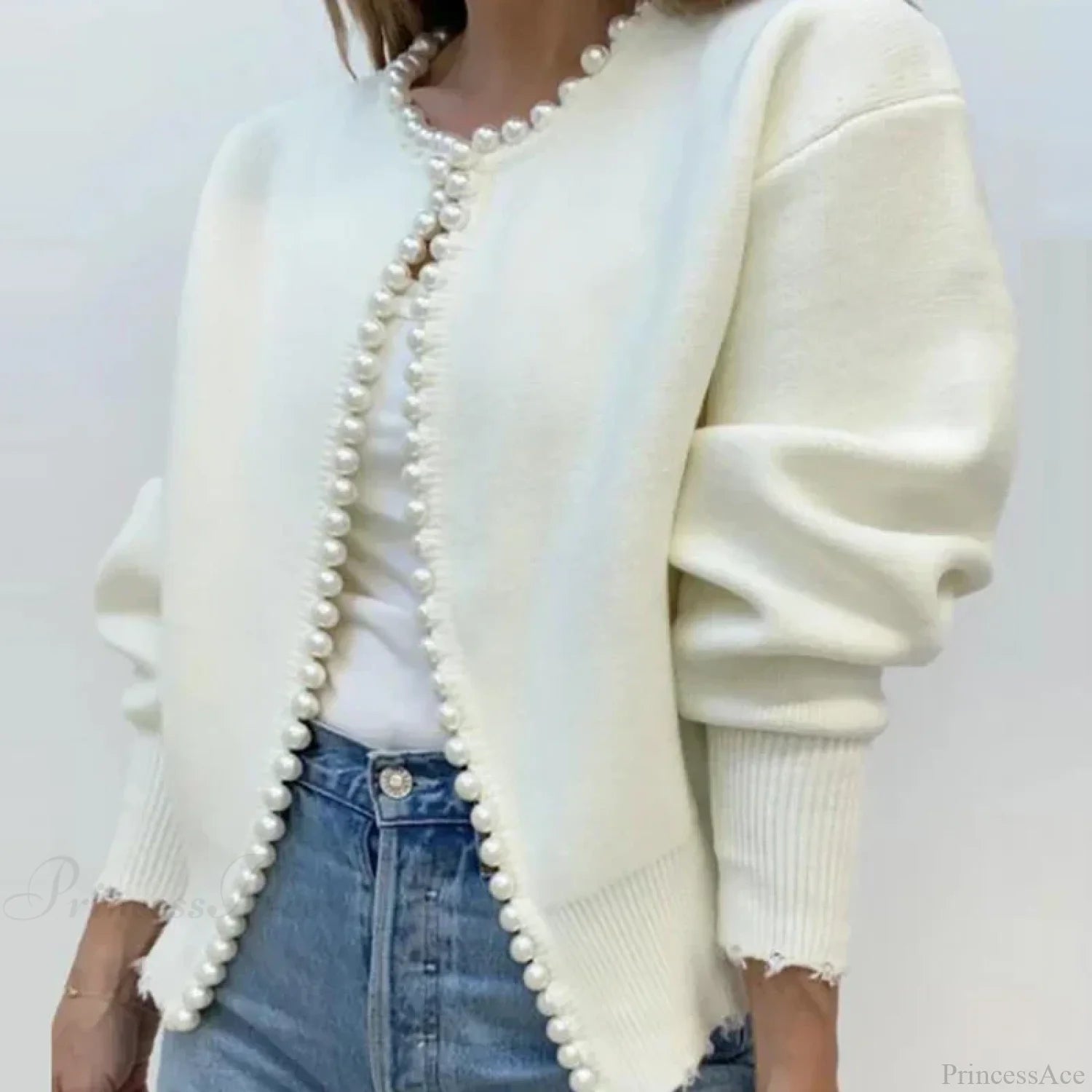 Elegant Pearls Long Sleeve Knit White Cardigan WHITE / S cardiagn-250126