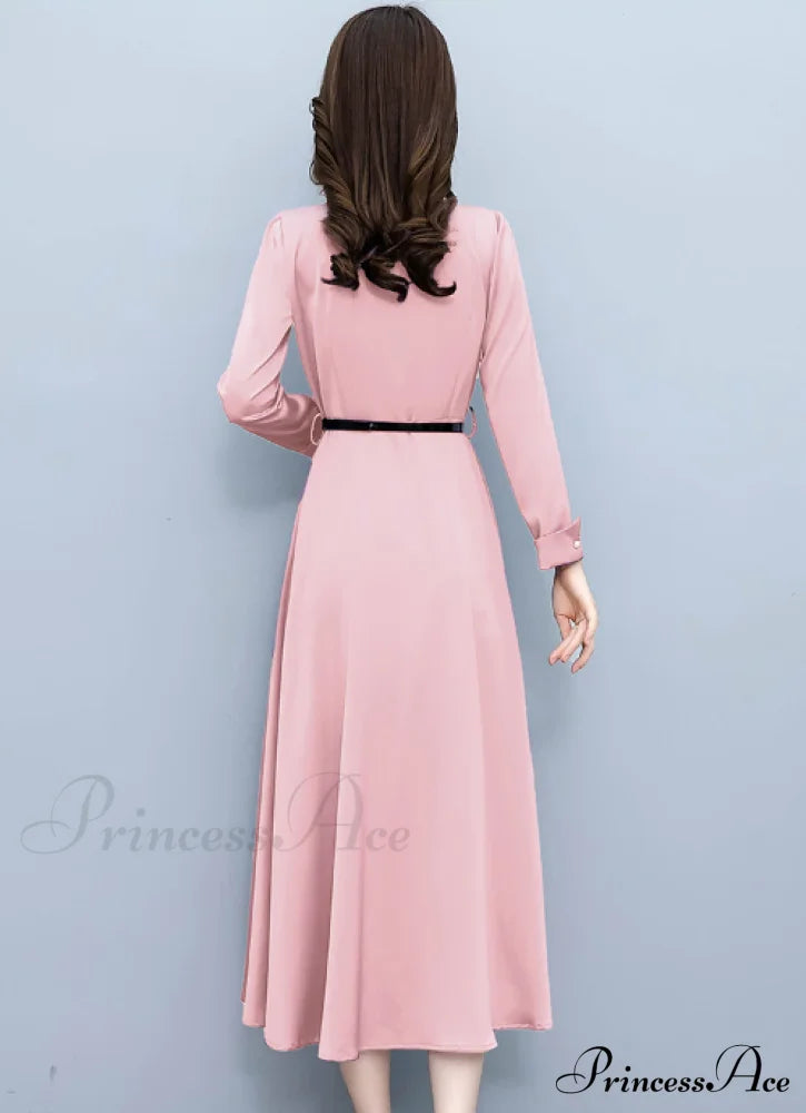 Elegant Pink Long Sleeve Prom Tunics Casual Party Evening Dresses L / Pink