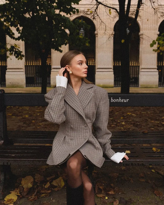 Elegant Plaid Printed Lapel Coat Grey / S