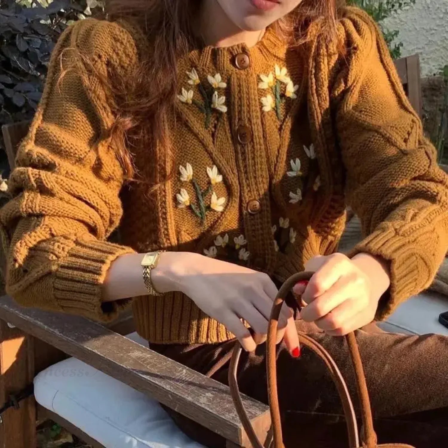 Elegant Print Single Breasted Knit Cardigan Dark Brown / S cardiagn-250126