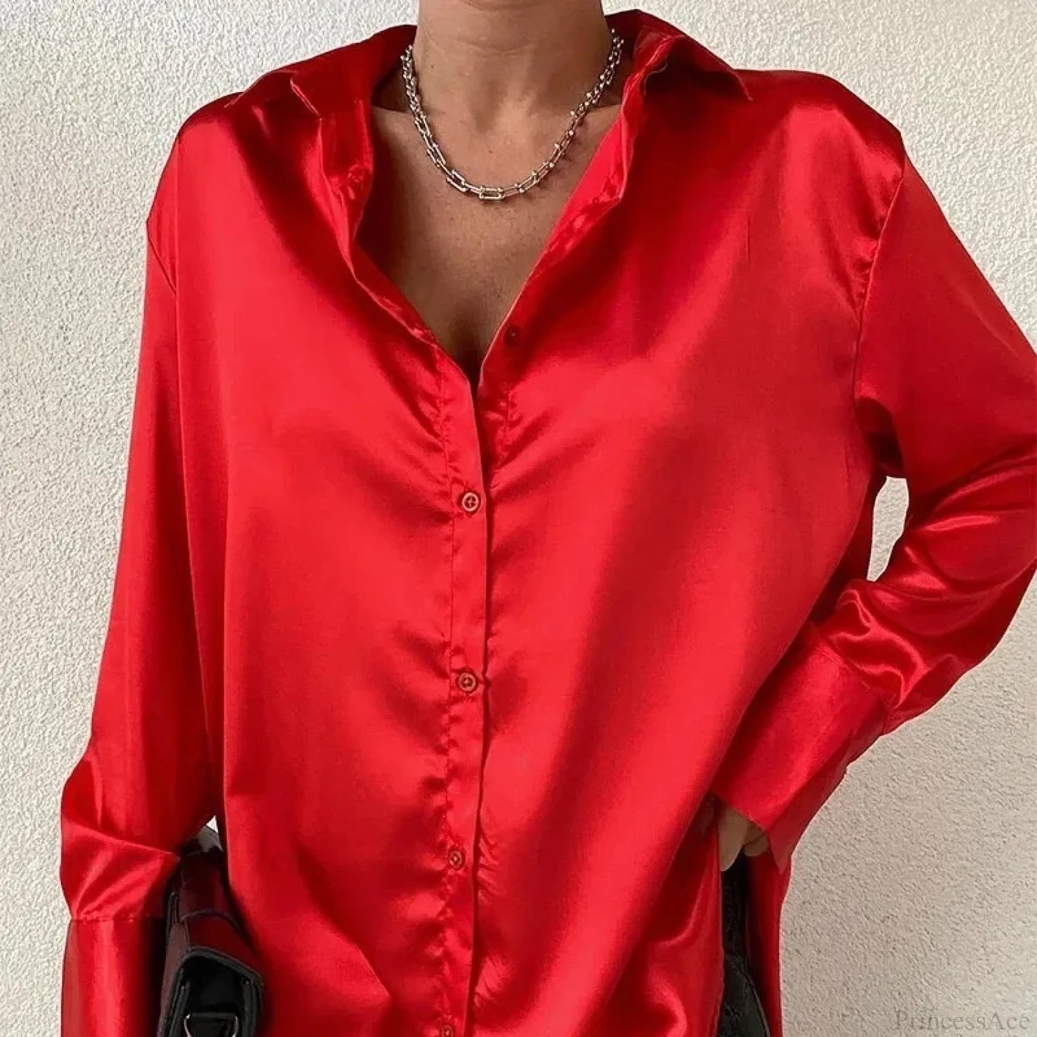 Elegant Satin Blue Long Sleeve Vintage Blouse Red / S blouse-250126