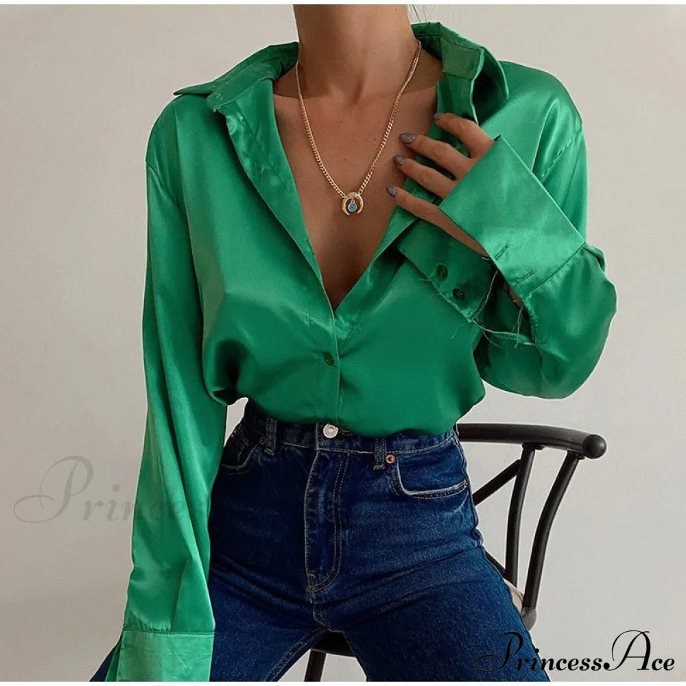 Elegant Satin Long Sleeve Blouses Green / S