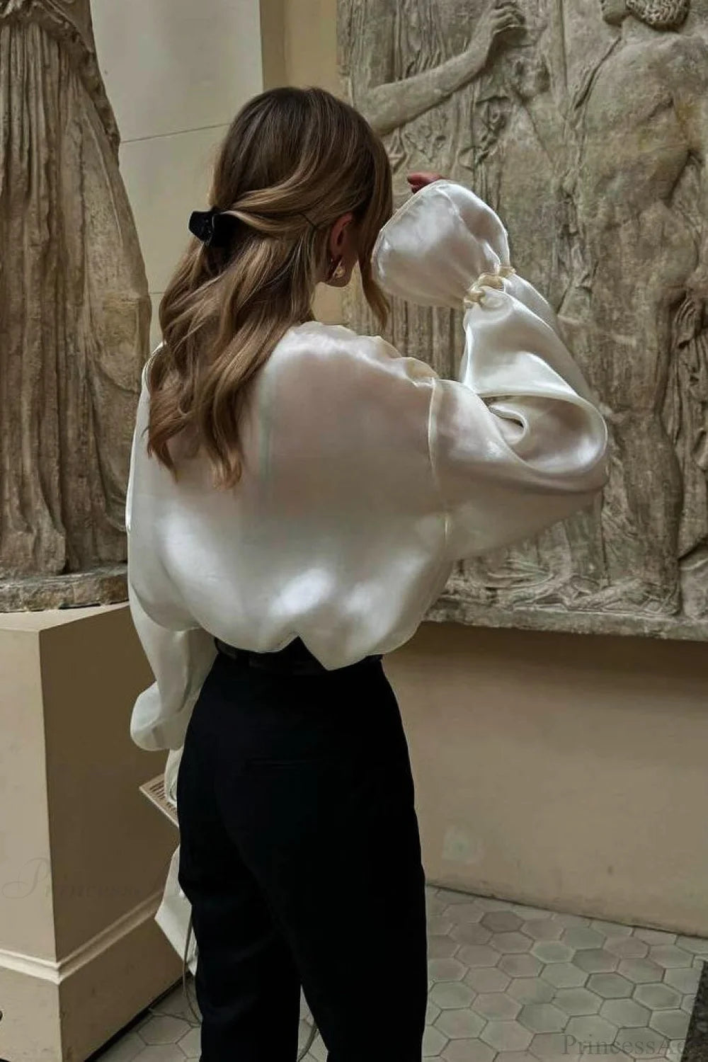 Elegant Satin Tie-Waist Loose Long Sleeve Blouse