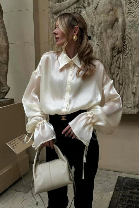 Elegant Satin Tie-Waist Loose Long Sleeve Blouse Champagne / S