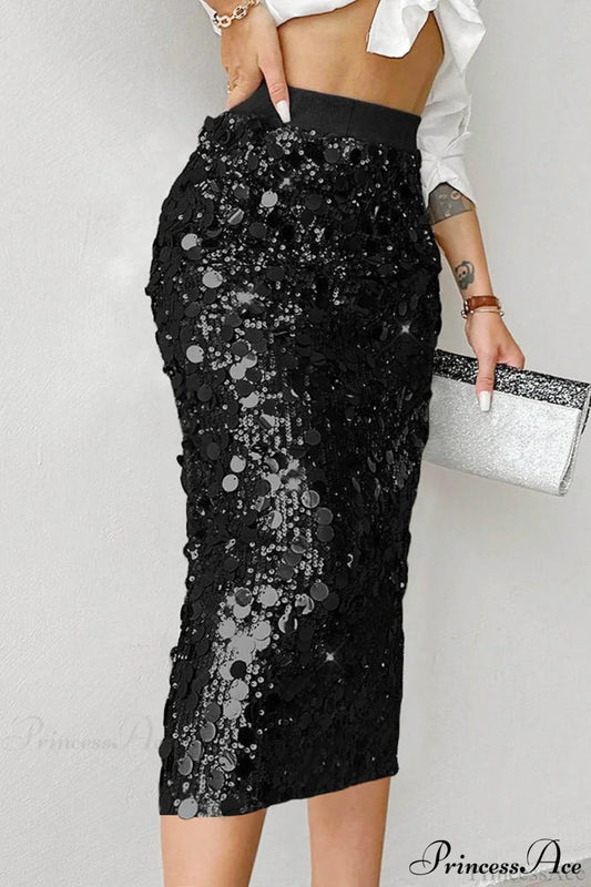 Elegant Sequin High-Waist Bodycon Midi Skirt Black / S