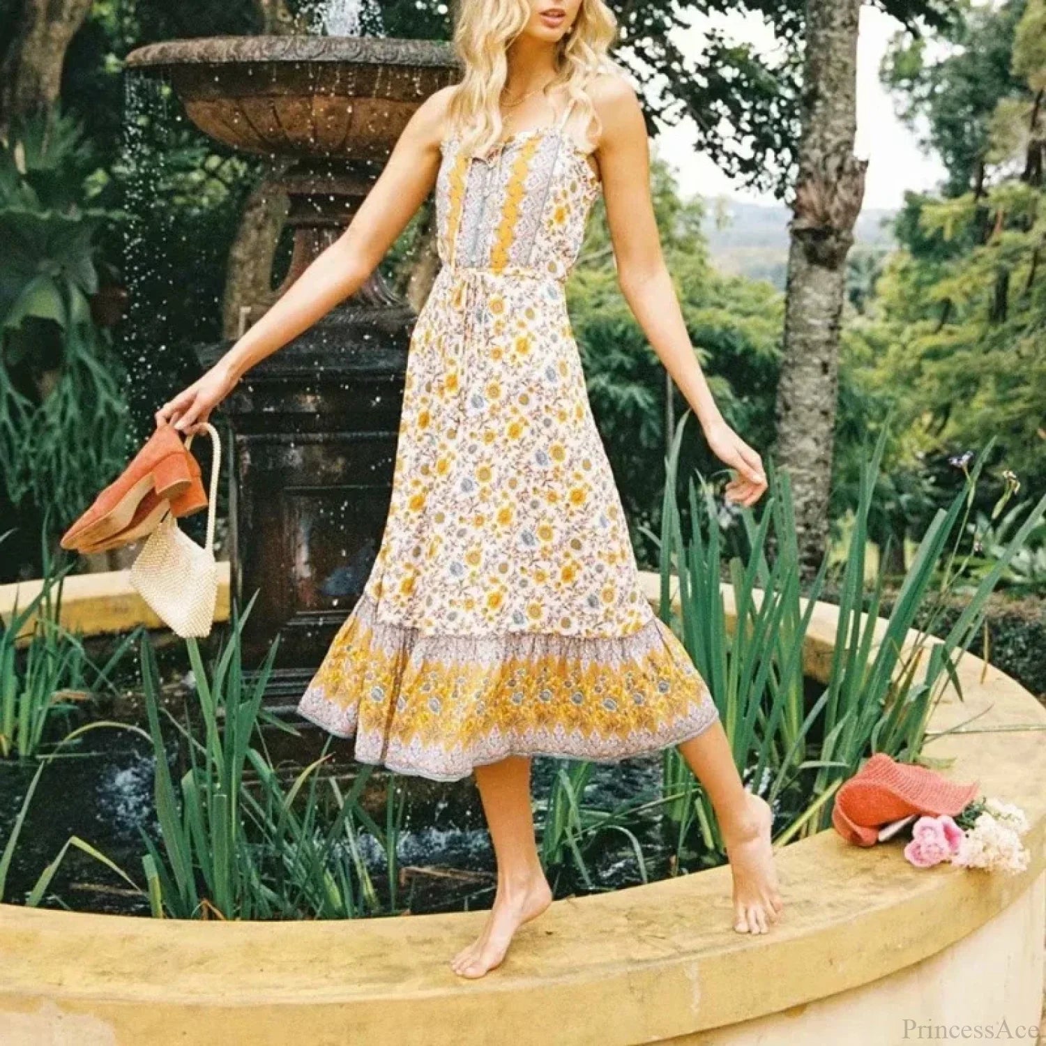 Elegant Sleeveless Floral Rayon Cotton Midi Boho Dress YELLOW / S bohodress-250126