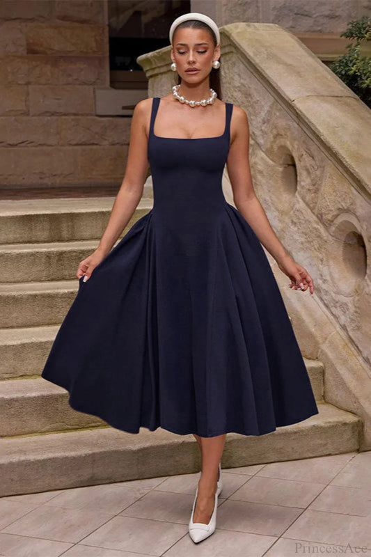 Elegant Square Neck Backless Fitted Cami Maxi Dress Blue / S