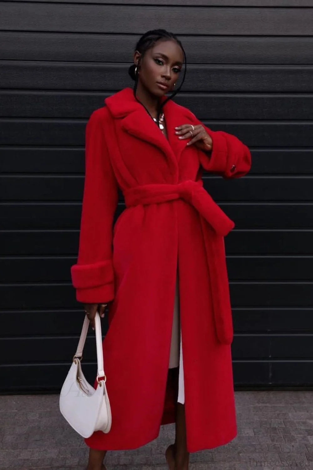 Elegant Thickened Plush Faux Fur Overcoat Red / S