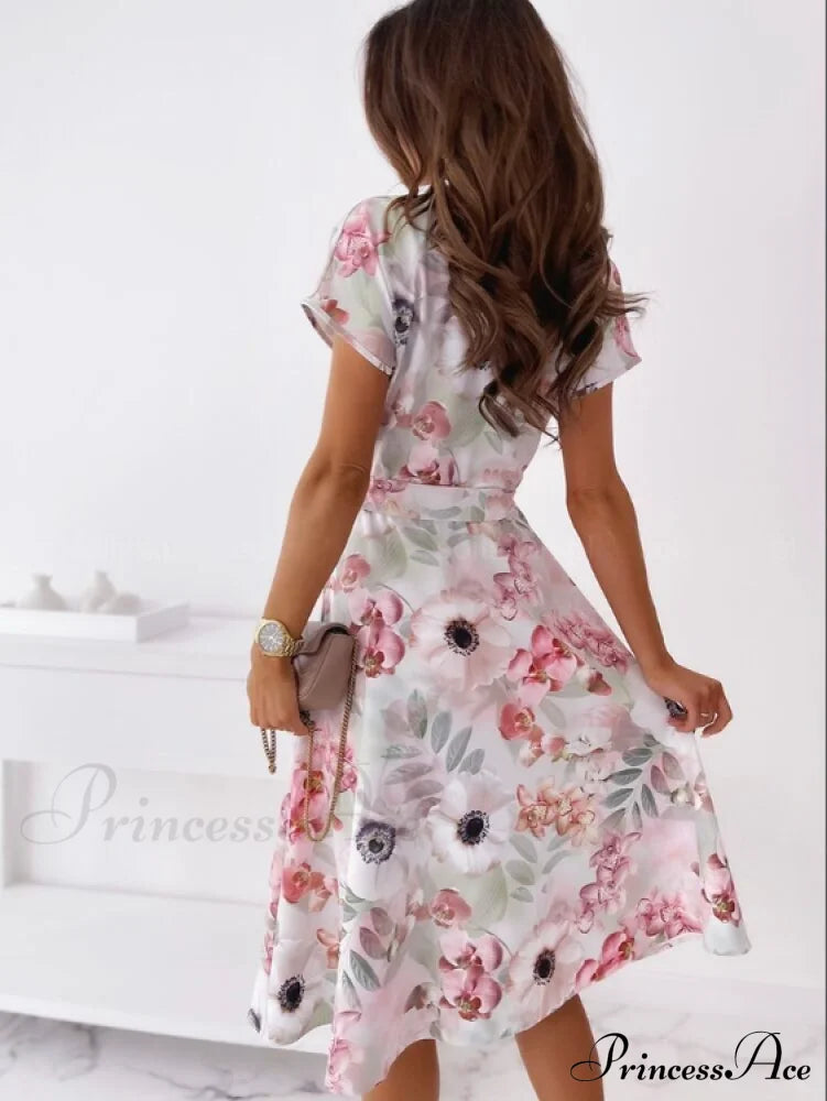 Elegant V-Neck Button Mid-Length Dress Fashion A-Line Party Xl / Black Dresses