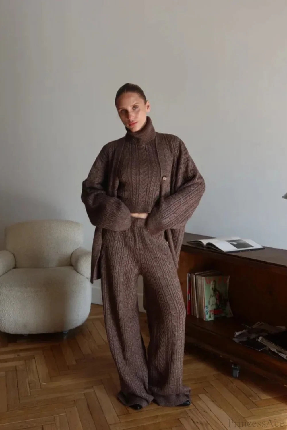 Elegant V-Neck Cable Knit Top Tank Pants Three Piece Set