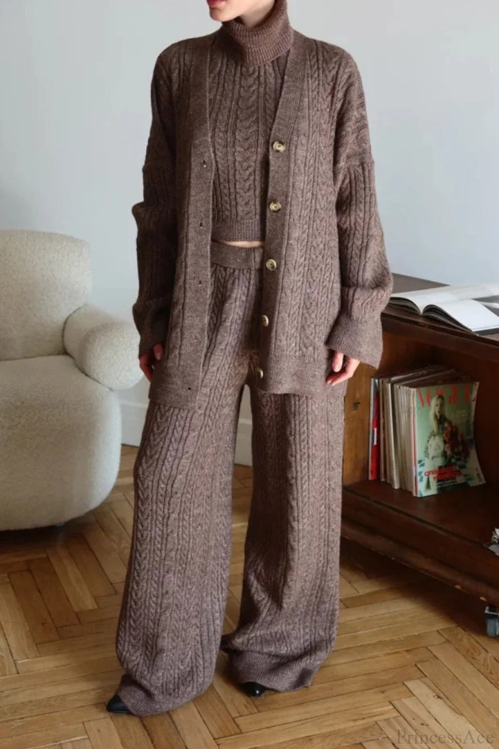 Elegant V-Neck Cable Knit Top Tank Pants Three Piece Set Brown / S