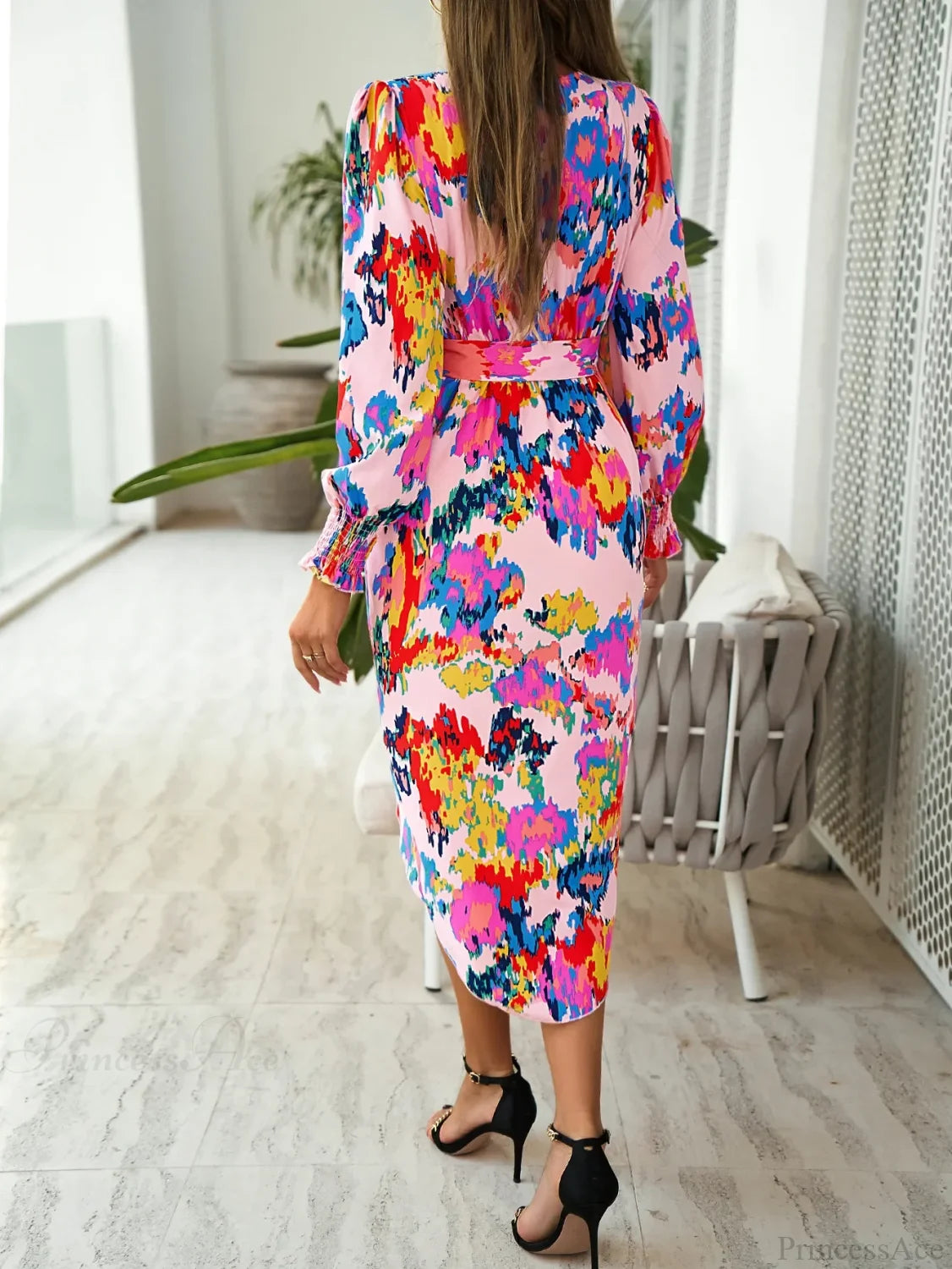 Elegant V-neck Long Boho Printed Dress bohodress-250126