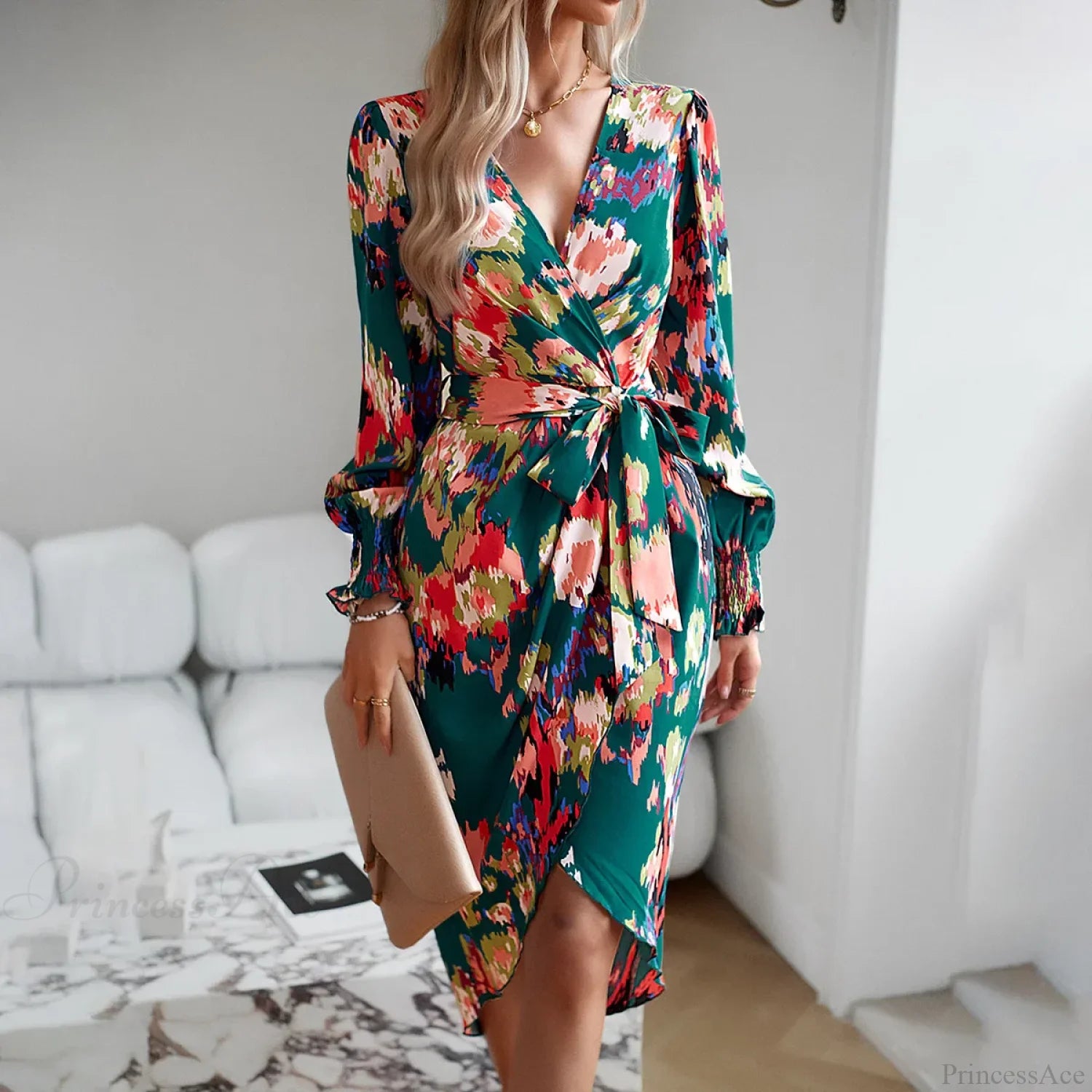 Elegant V-neck Long Boho Printed Dress dark green / S bohodress-250126