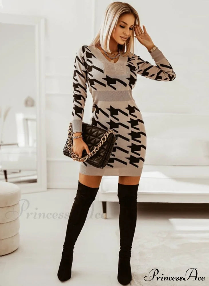 Elegant V Neck Print High Waist Long Sleeve Mini Dress For Women M / Black Dresses