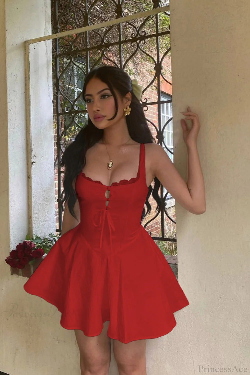 Elegant Waist Slim A Line Sexy Mini Dress Red / XS