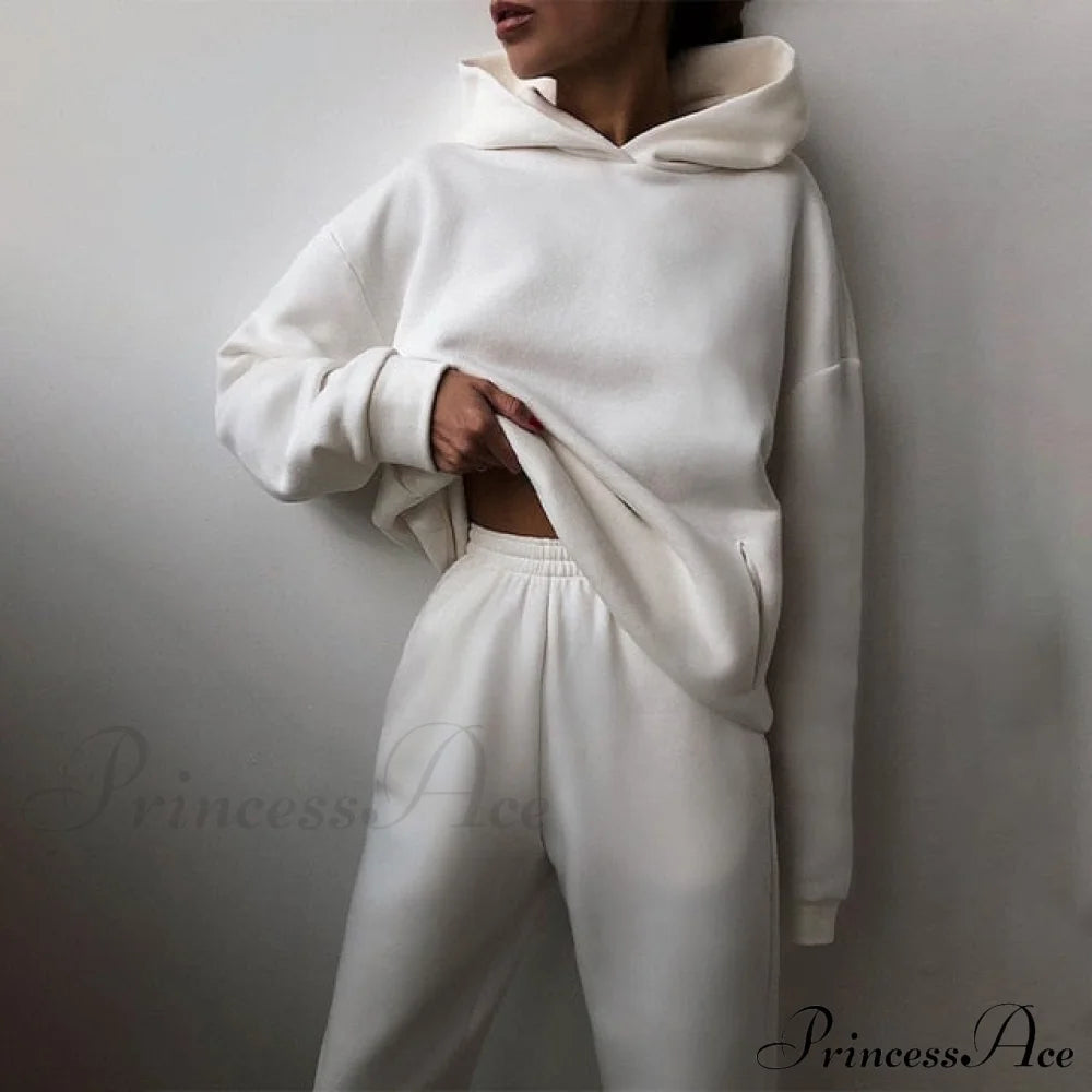 Elegant With Long Sweatshirt Women’s Set And Hoodie Lace-Up Warm Pant Solid Detail 01 White / L