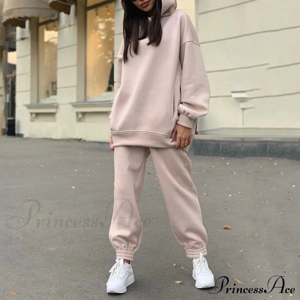 Elegant With Long Sweatshirt Women’s Set And Hoodie Lace-Up Warm Pant Solid Detail 02 Apricot / Xxxl
