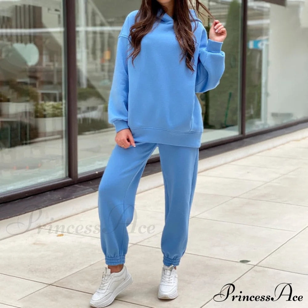 Elegant With Long Sweatshirt Women’s Set And Hoodie Lace-Up Warm Pant Solid Detail 02 Blue / Xxl