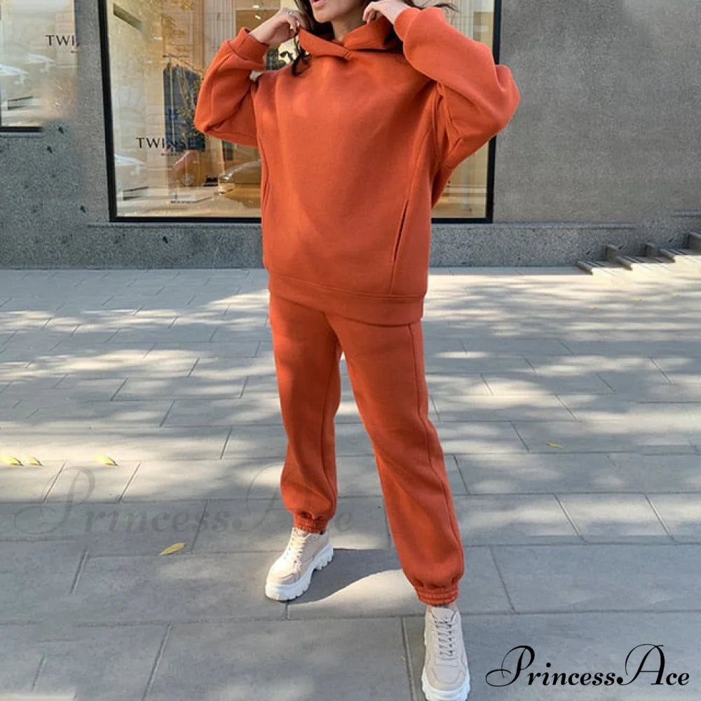 Elegant With Long Sweatshirt Women’s Set And Hoodie Lace-Up Warm Pant Solid Detail 02 Orange / L