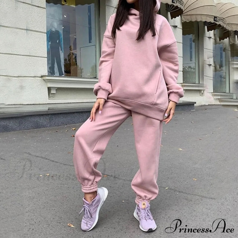 Elegant With Long Sweatshirt Women’s Set And Hoodie Lace-Up Warm Pant Solid Detail 02 Pink / M