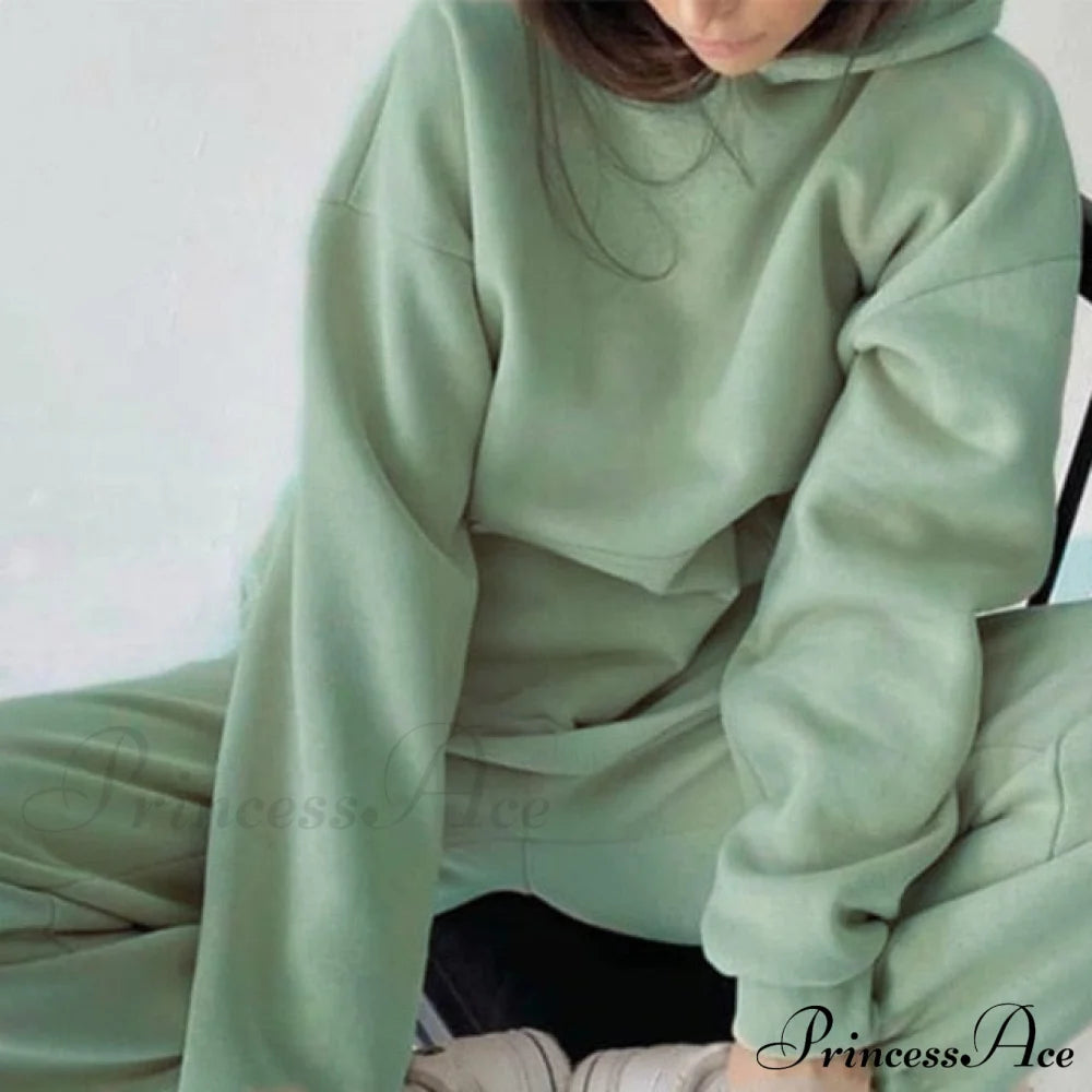Elegant With Long Sweatshirt Women’s Set And Hoodie Lace-Up Warm Pant Solid Detail 03 Green / S