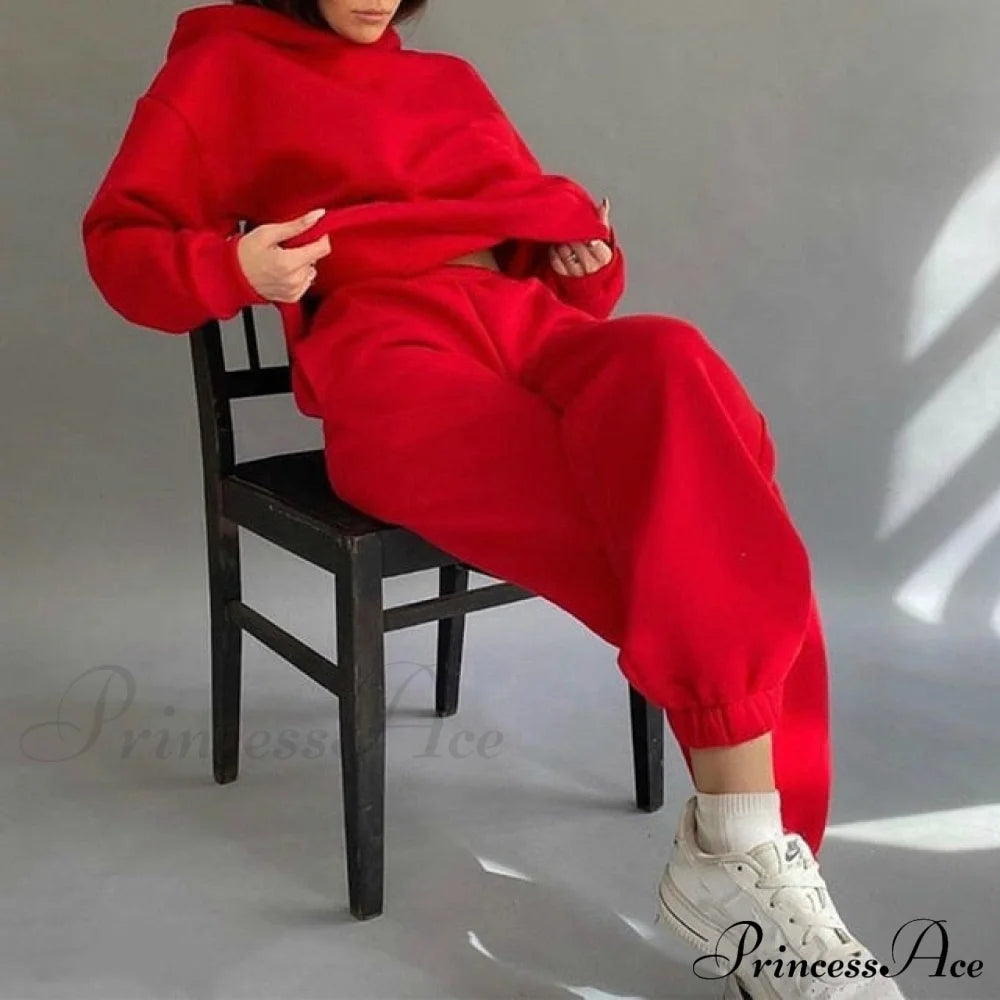 Elegant With Long Sweatshirt Women’s Set And Hoodie Lace-Up Warm Pant Solid Detail 03 Red / Xxxl